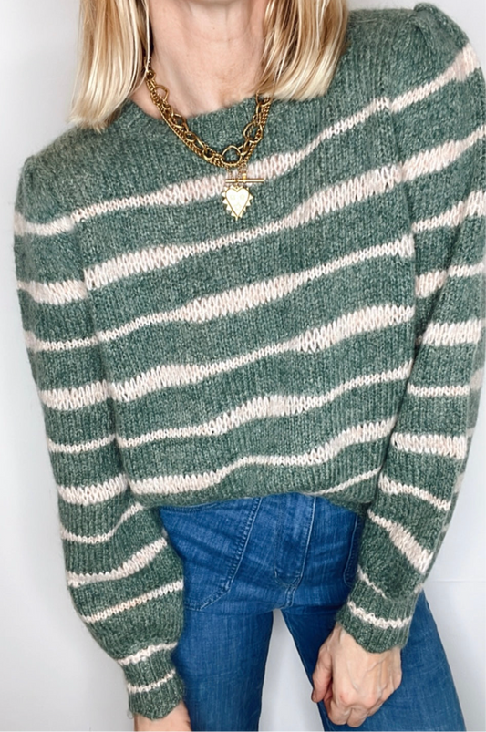 Irregular Stripe Chunky Knit Jumper - Forest Green & Blossom