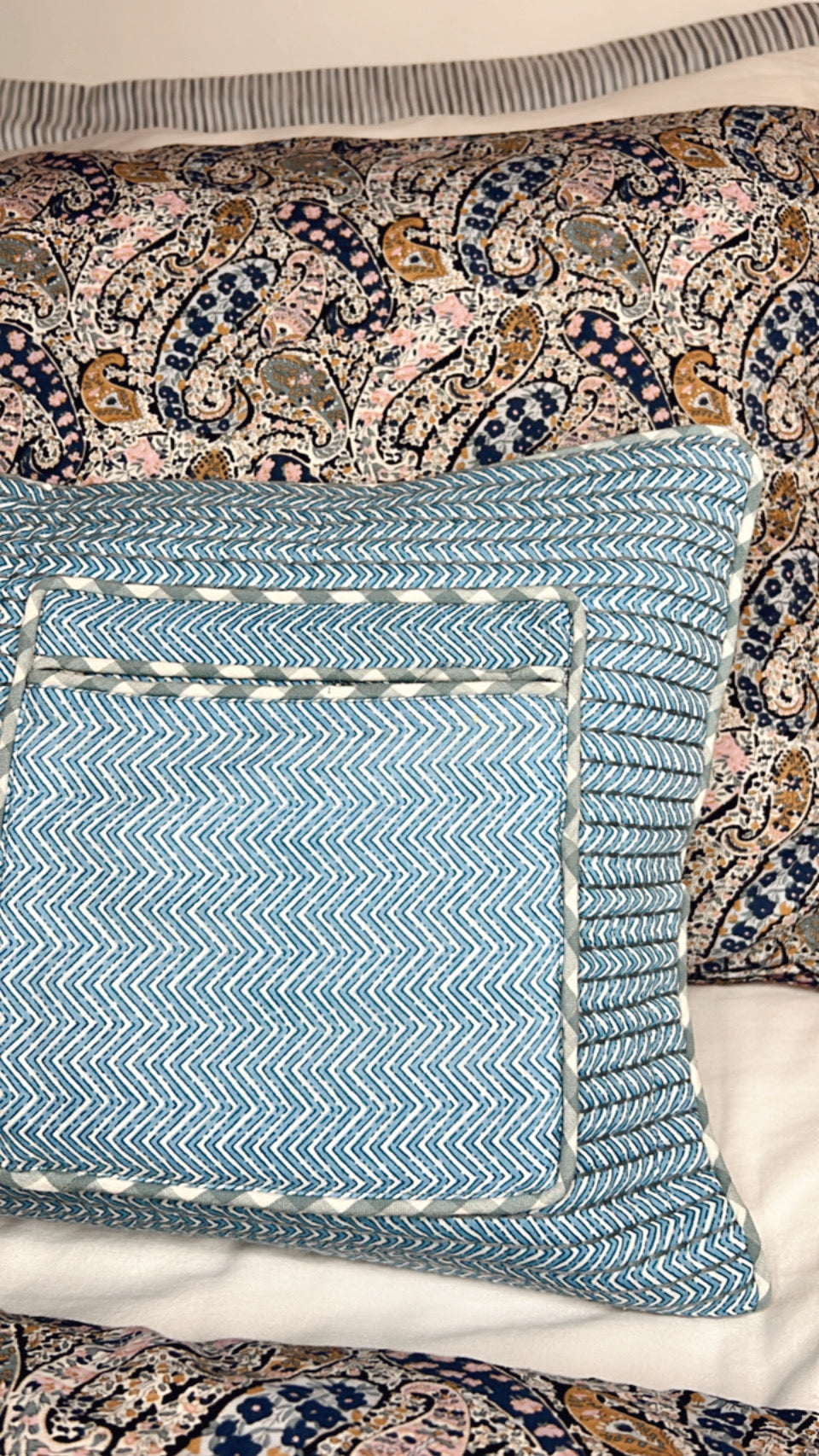 Ziggy Gingham Pocket Quilted Cushion Cover - Denim Blue