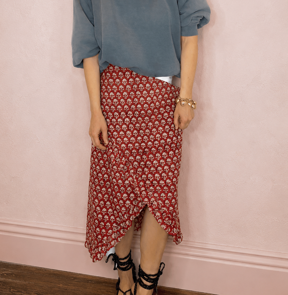 Ruby Frilly Edge Cotton Wrap MIDI Skirt - Ruby Red