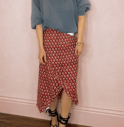 Ruby Frilly Edge Cotton Wrap MIDI Skirt - Ruby Red