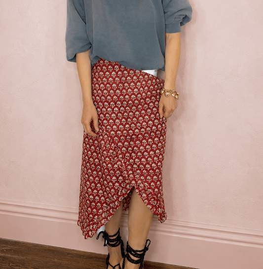 Ruby Frilly Edge Cotton Wrap MIDI Skirt - Ruby Red