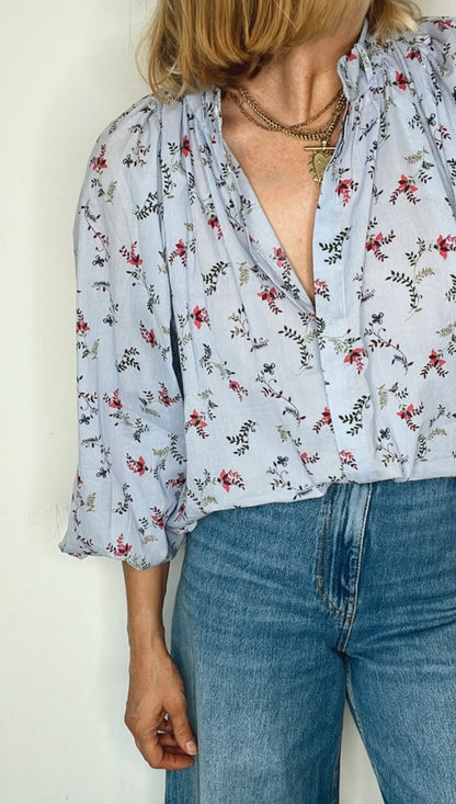 Sylvie Detachable Tie Neck Cotton Shirt- Denim Blue Fine Stripe Floral