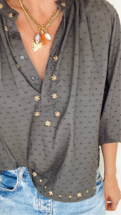 Shivani Half Placket Cotton Pop-Over Top - Washed Black