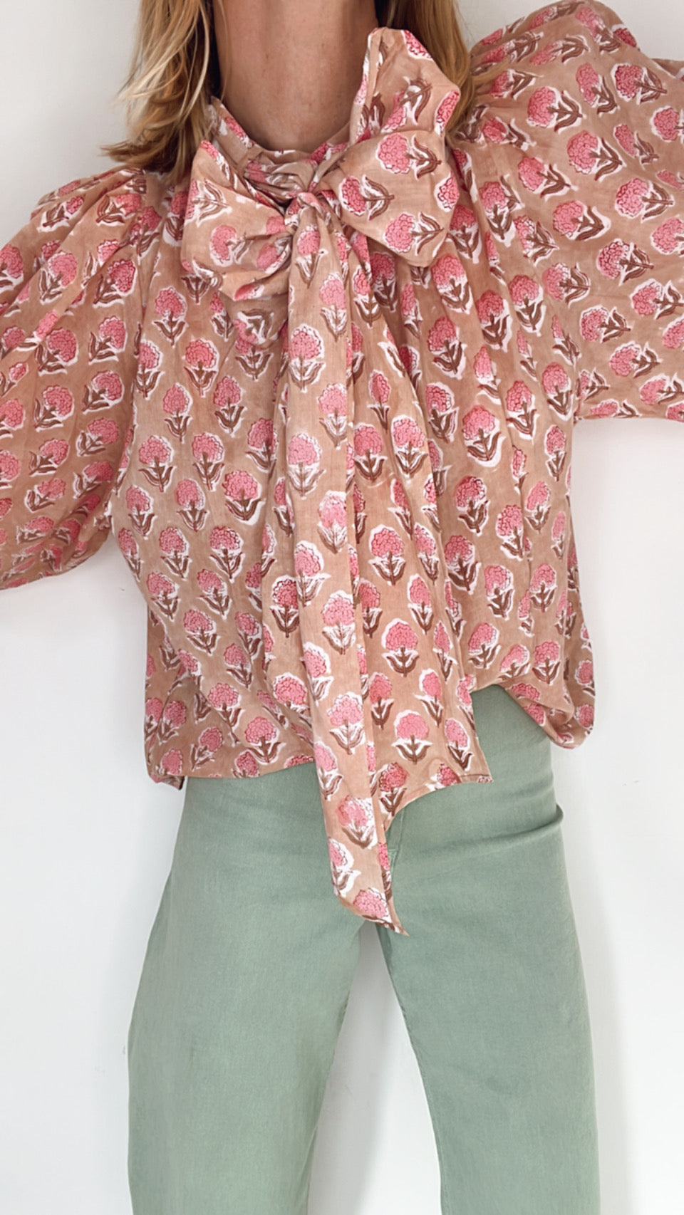 Penny Print Tie Neck Cotton Shirt - Pretty Pink