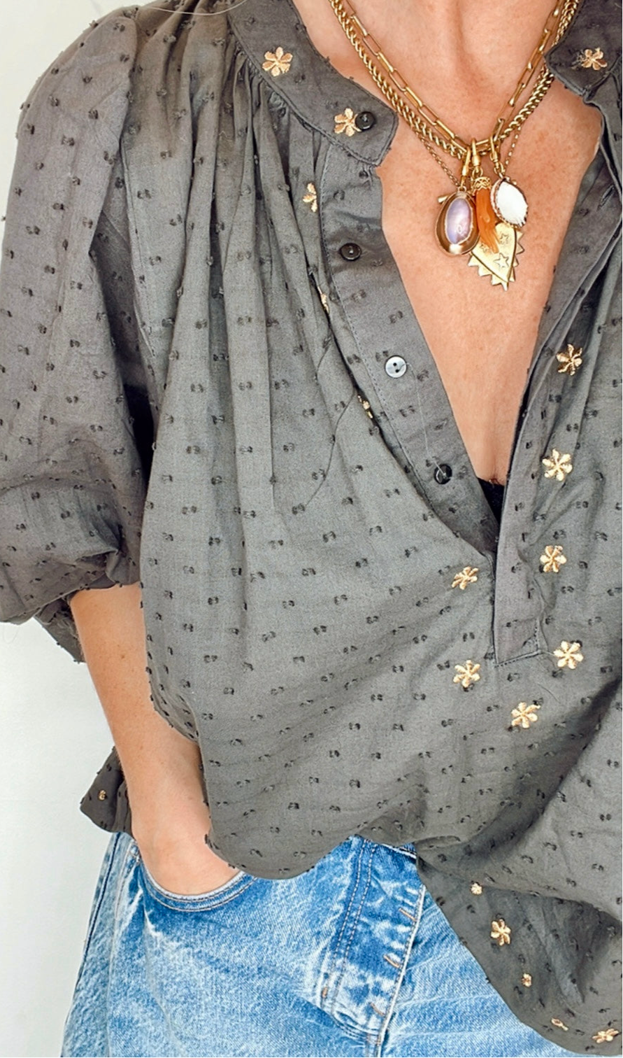 Shivani Half Placket Cotton Pop-Over Top - Washed Black