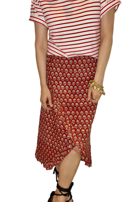 Ruby Frilly Edge Cotton Wrap MIDI Skirt - Ruby Red