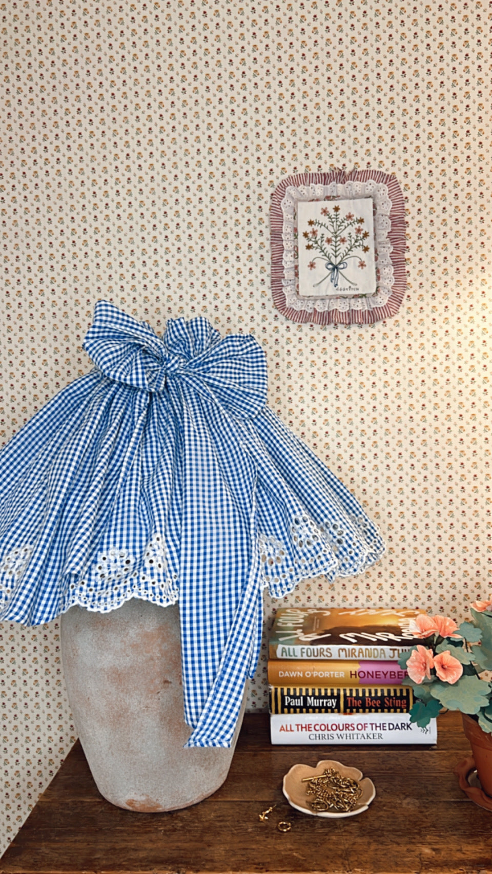 Jumbo Adjustable Broderie Trim Fabric Lampshade Cover - Blue & White gingham