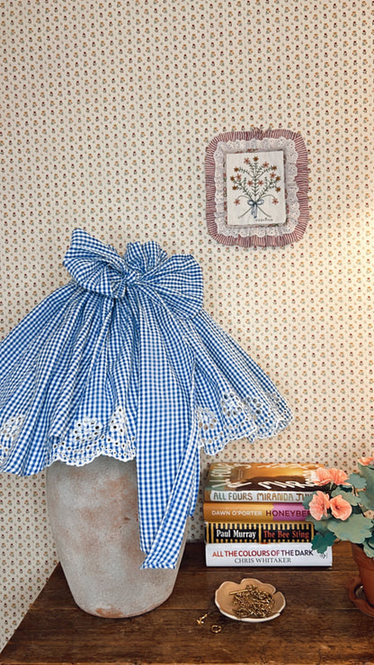 Jumbo Adjustable Broderie Trim Fabric Lampshade Cover - Blue & White gingham