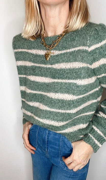 Irregular Stripe Chunky Knit Jumper - Forest Green & Blossom