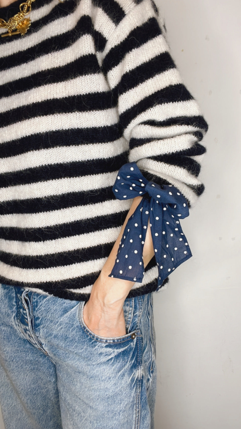 Interchangeable Bow Cuff Stripe Jumper - Dark Navy and Cream