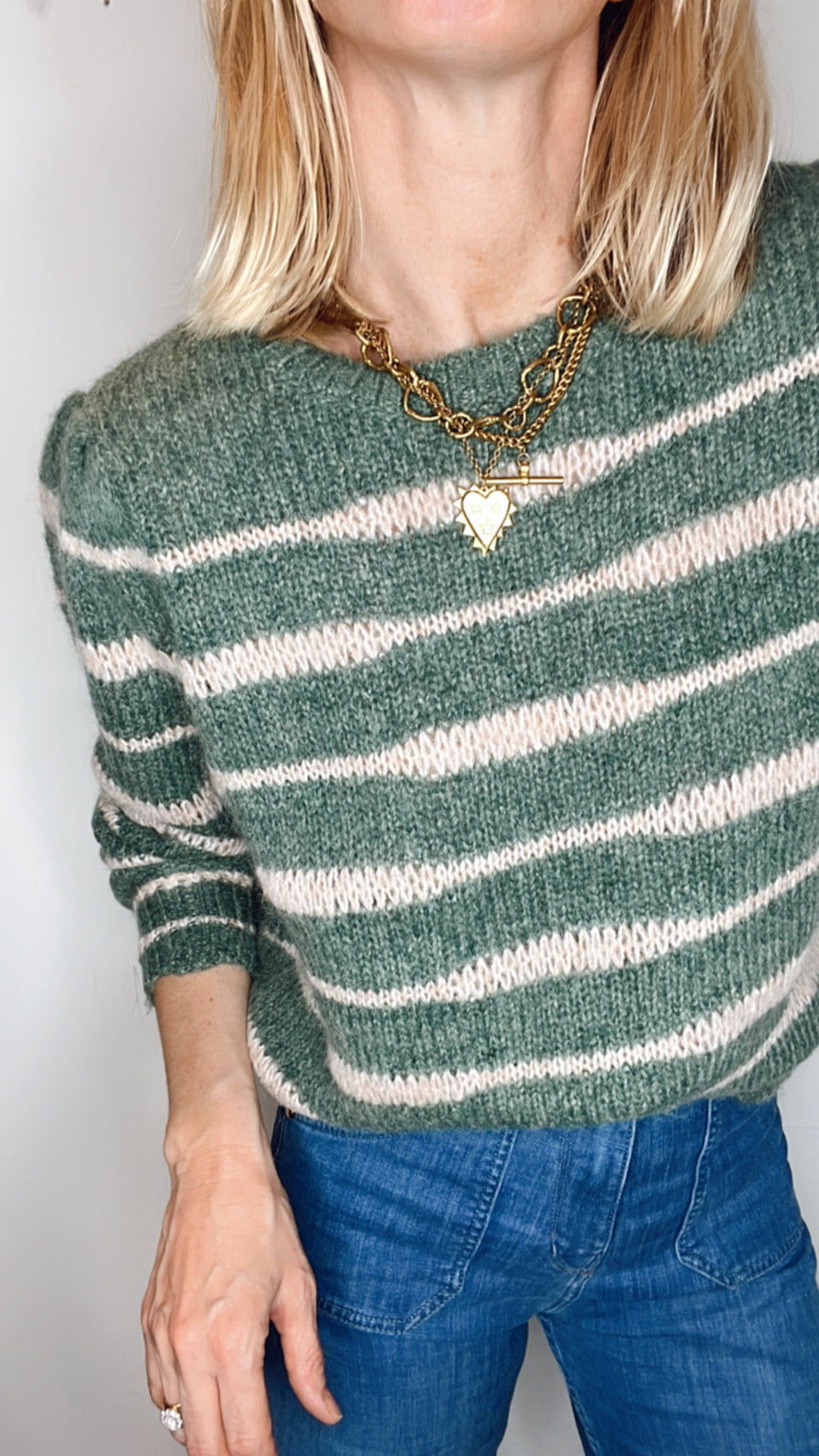 Irregular Stripe Chunky Knit Jumper - Forest Green & Blossom