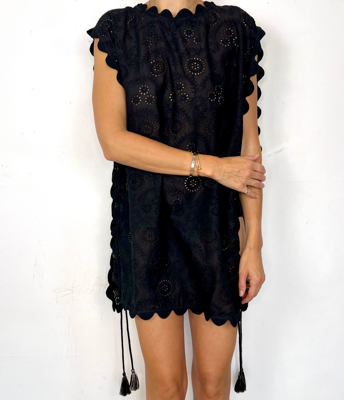 Ric Rac Tie Side Cotton Broderie Beach Cover-Up - Noir