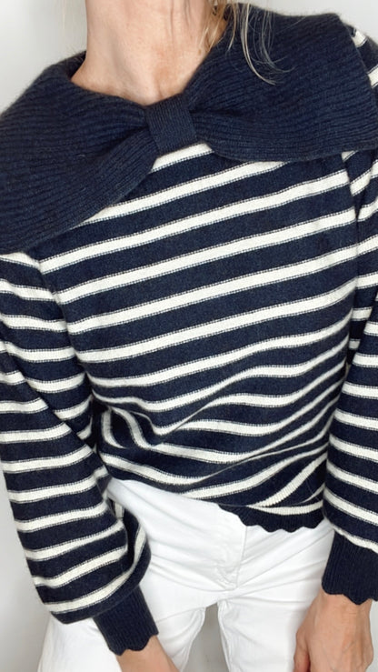 Bow Collar Stripe Jumper - Navy & Ecru