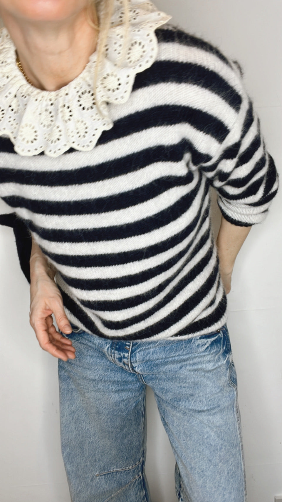 Interchangeable Bow Cuff Stripe Jumper - Dark Navy and Cream