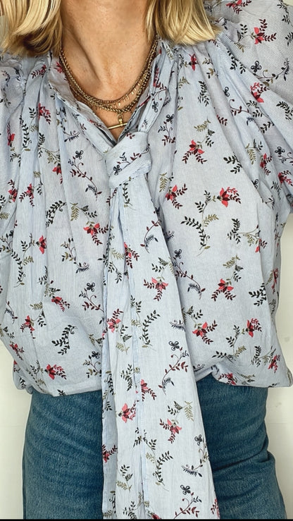 Sylvie Detachable Tie Neck Cotton Shirt- Denim Blue Fine Stripe Floral