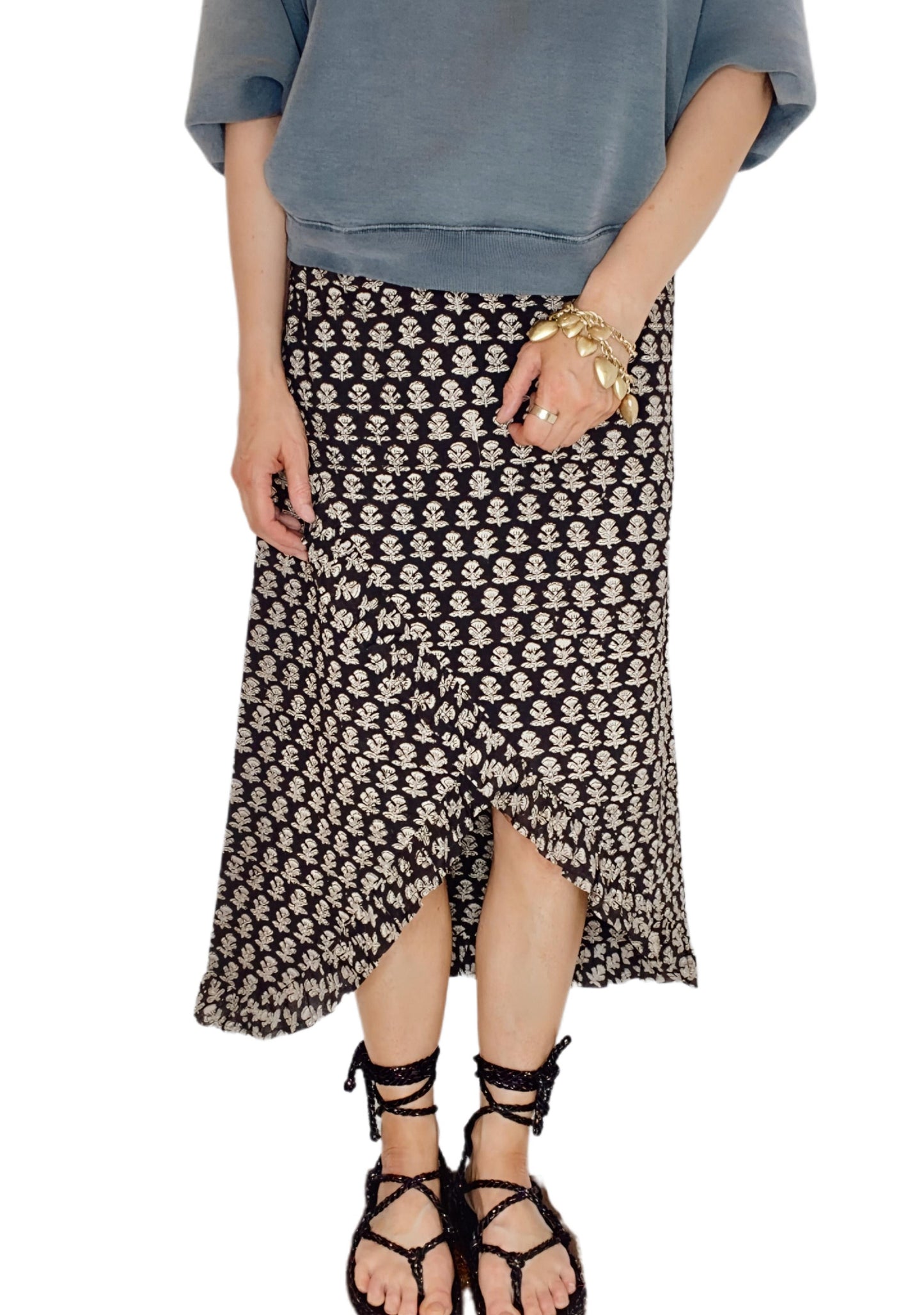 Jet Frilly Edge Cotton Wrap MIDI Skirt - Jet Black