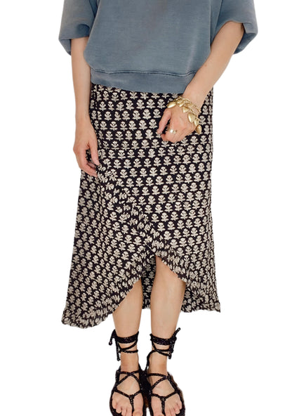Jet Frilly Edge Cotton Wrap MIDI Skirt - Jet Black