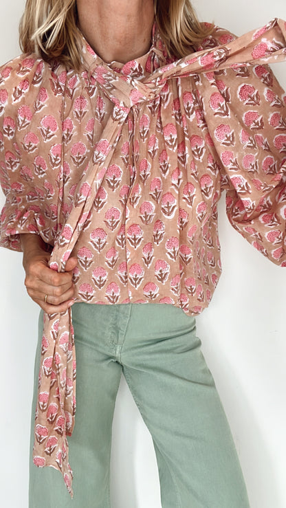 Penny Print Tie Neck Cotton Shirt - Pretty Pink