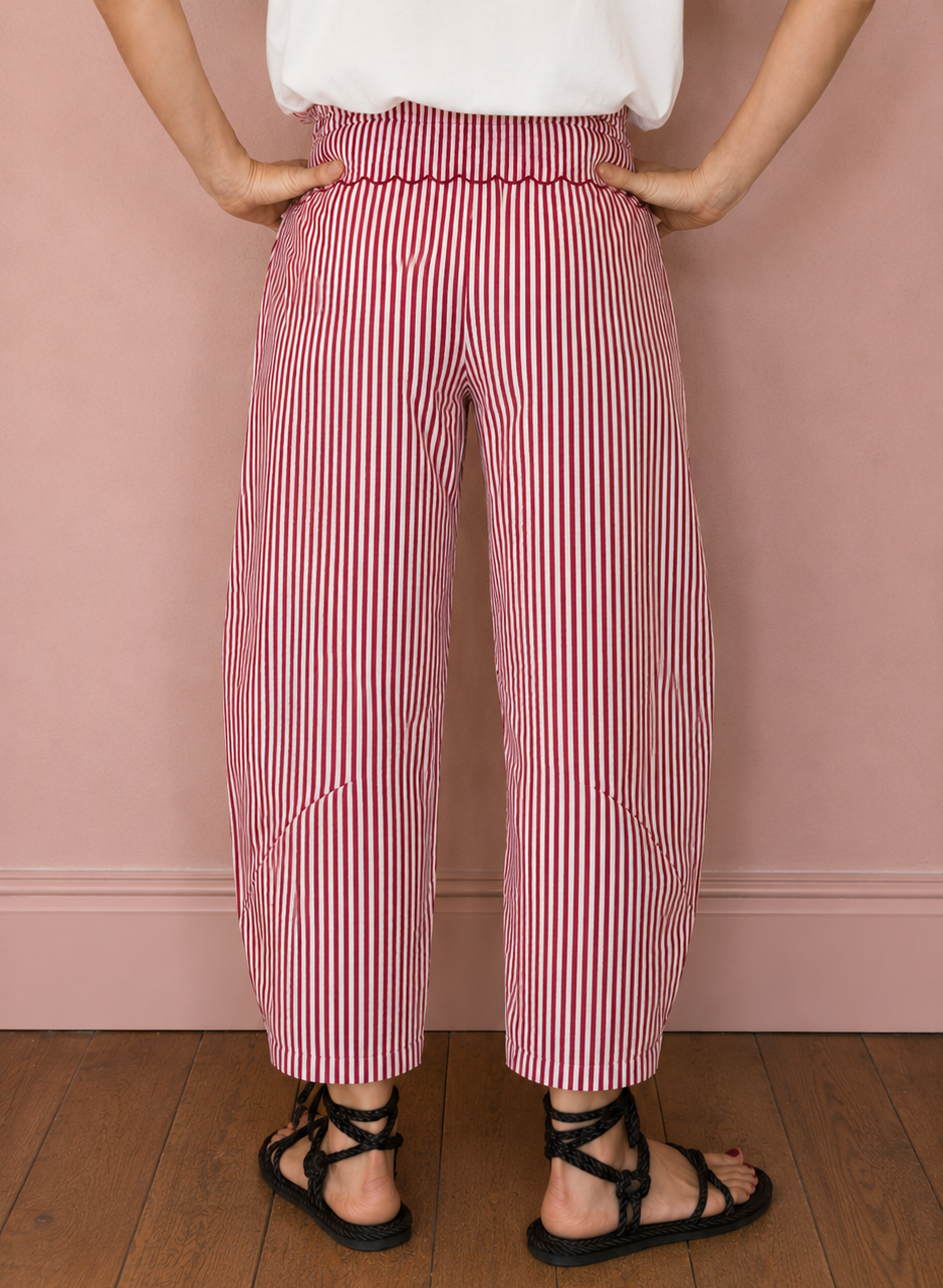 Reggi Elasticated Waist Peplum Barrel Leg Trouser - Deep Red & White