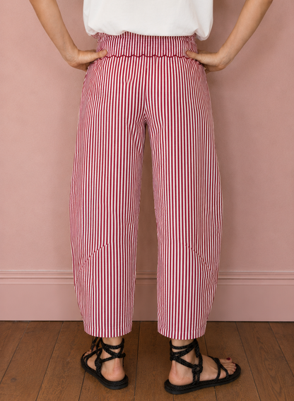 Reggi Elasticated Waist Peplum Barrel Leg Trouser - Deep Red & White