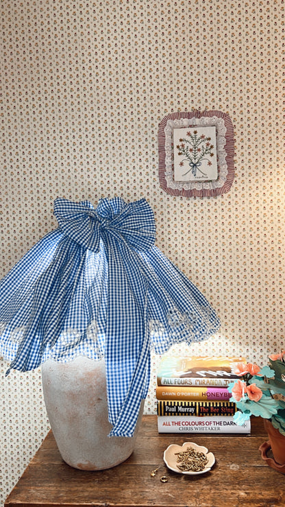 Jumbo Adjustable Broderie Trim Fabric Lampshade Cover - Blue & White gingham