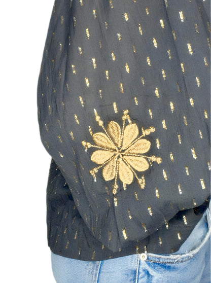 Goldie Metallic Spot Half Placket Cotton Pop-Over Top - Deep Indigo
