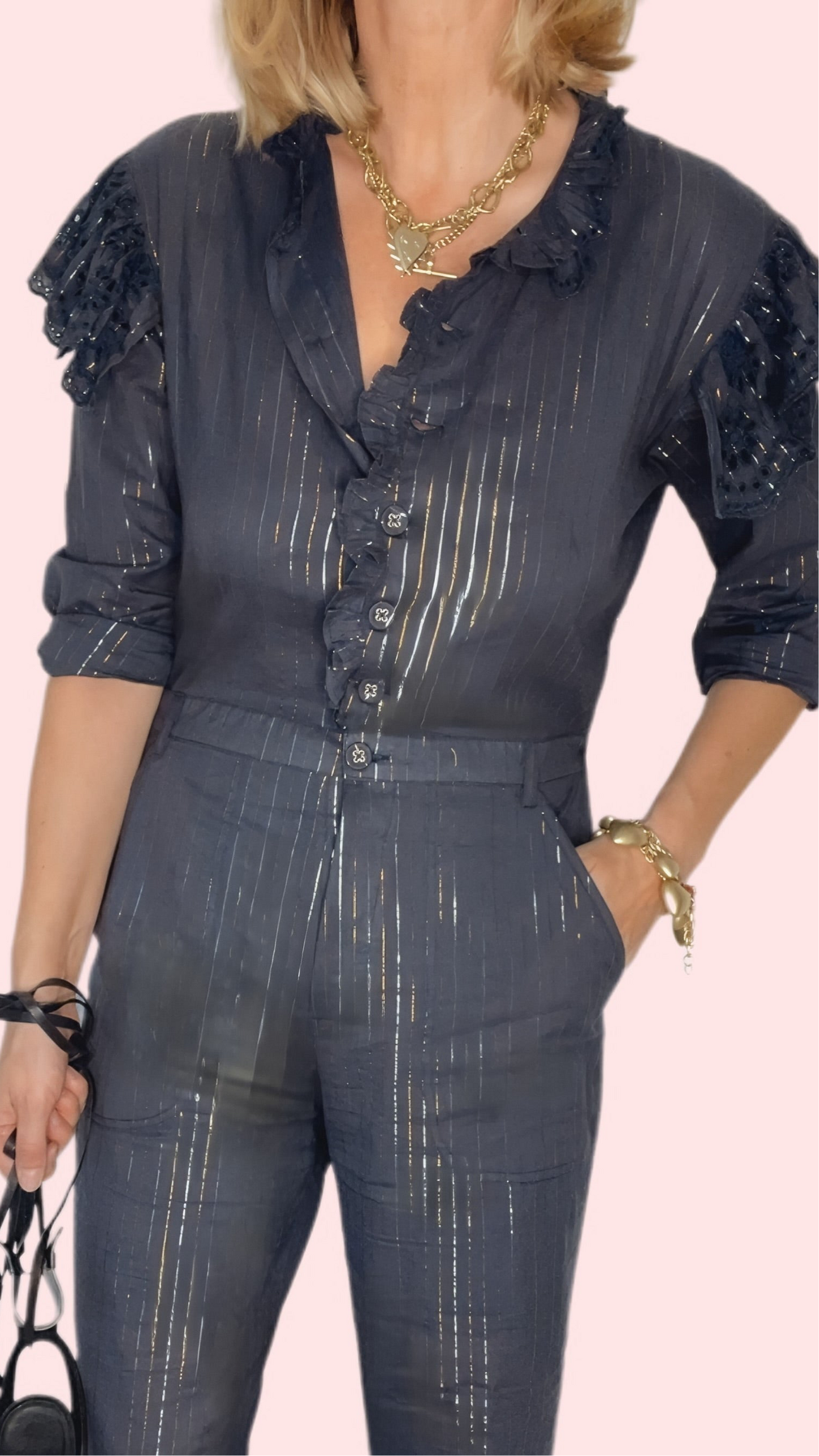 Millie Metallic Stripe Cotton Jumpsuit - Midnight Blue
