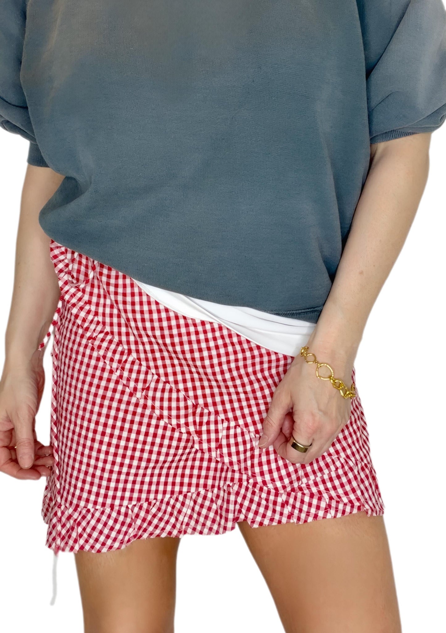 Ginny Gingham Frilly Edge Cotton Wrap Mini Skirt - Chilli Red