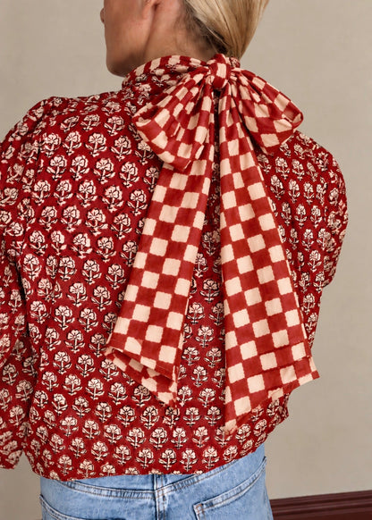 Check It Out Detachable Tie Neck Cotton Shirt - Red Earth