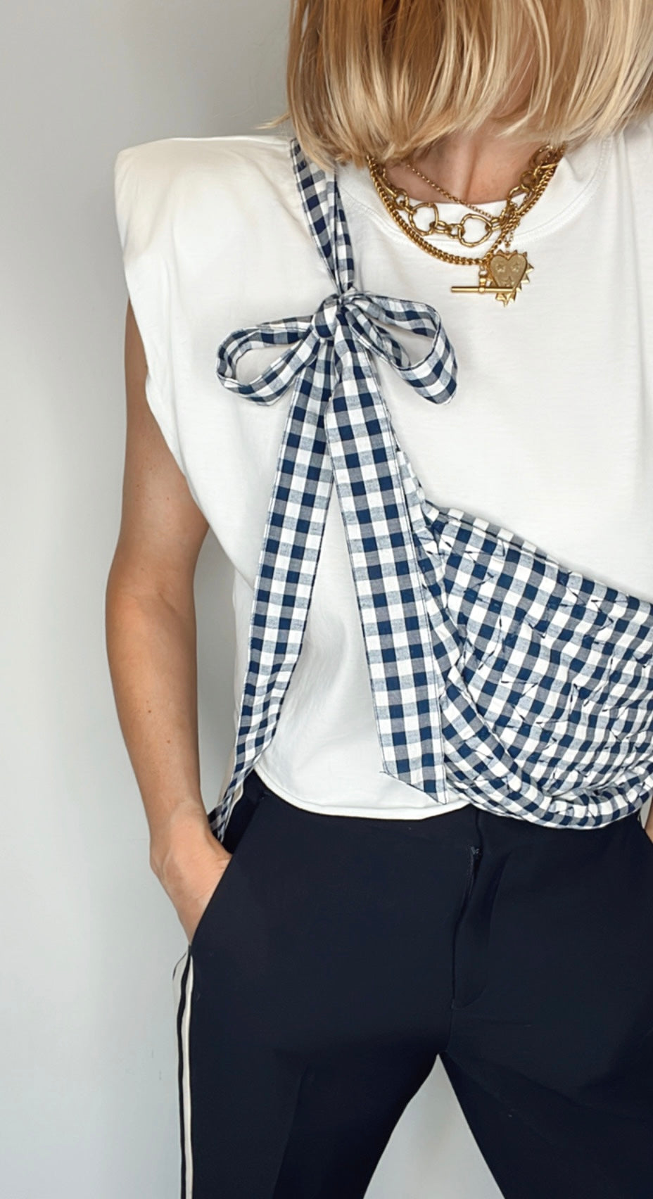 Polly Gingham Cotton Quilted Tie Shoulder Bag