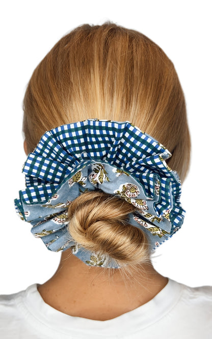 Cuckoo Double Layer, Reversible Cotton Scrunchie - Blue Green