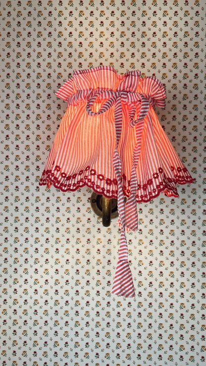 Small Adjustable Broderie Trim Fabric Lampshade Cover - Coral Red & White Stripe