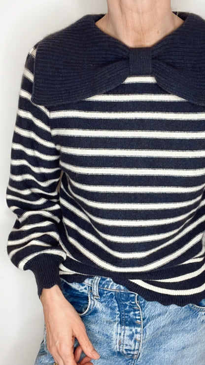 Bow Collar Stripe Jumper - Navy & Ecru