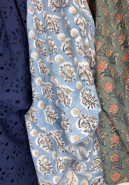 Reena Ric Rac Cotton Top - Denim Blue Print