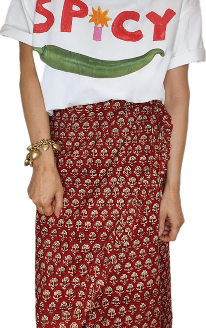 Ruby Frilly Edge Cotton Wrap MIDI Skirt - Ruby Red