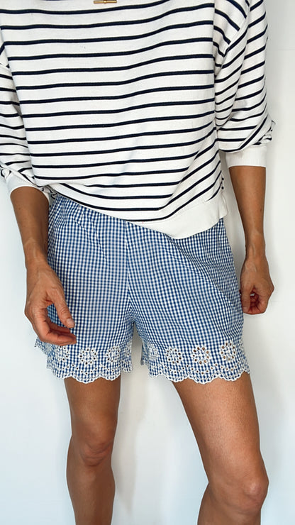 Peggy Mico Gingham Scalloped Cotton Short - Blue & White