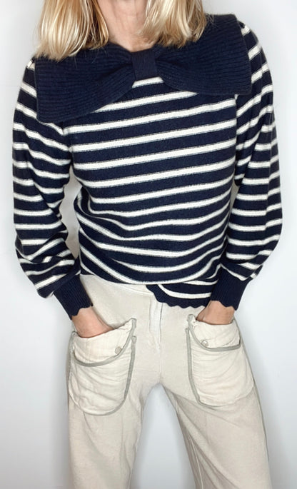 Bow Collar Stripe Jumper - Navy & Ecru