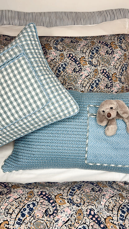 Ziggy Gingham Pocket Quilted Cushion Cover - Denim Blue