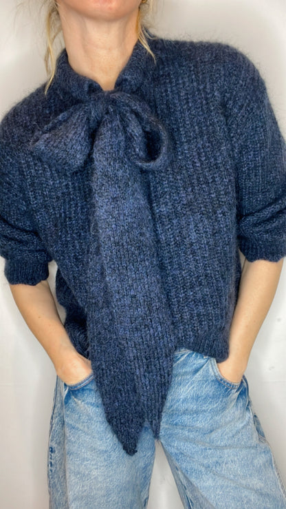 Interchangable Knitted Bow Tie Neck Chunky Knit Cardigan - Midnight