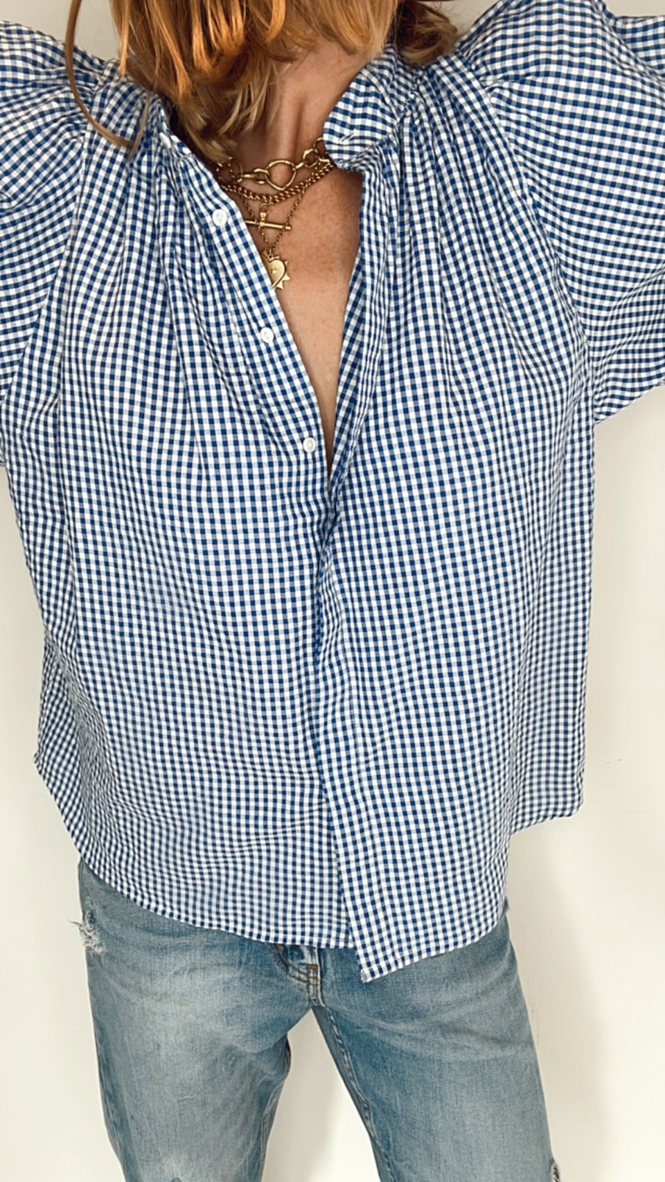 Peggy Gingham Tie Neck Cotton Shirt - Blue & White