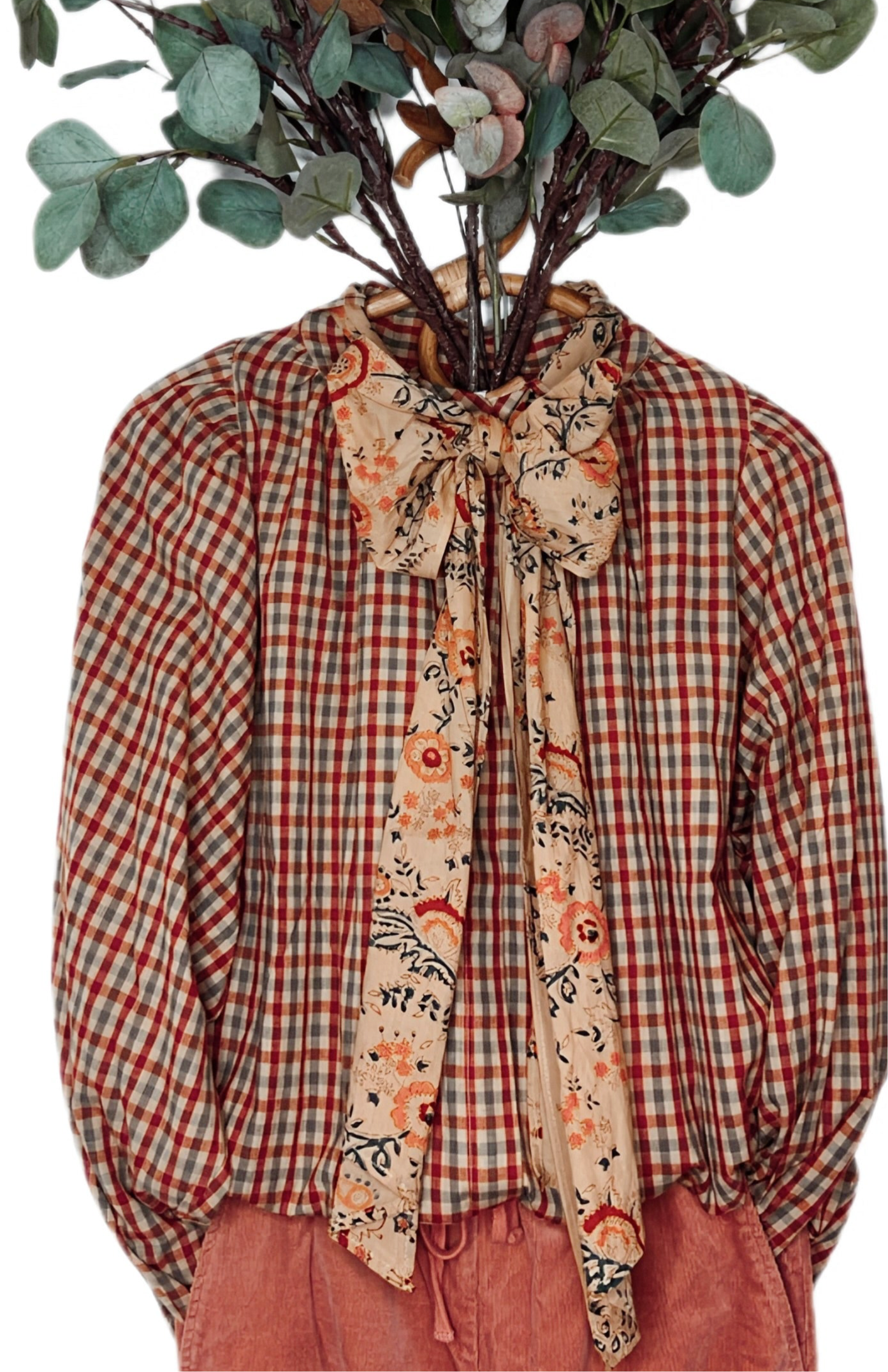 Autumn Gingham Detachable Tie Neck Cotton Shirt - Merlot Multi