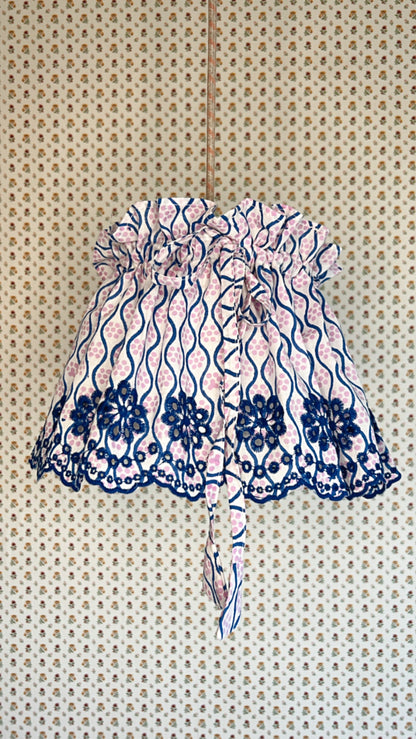 Medium Adjustable Broderie Trim Fabric Lampshade Cover - Indigo Wave & Pink Dot