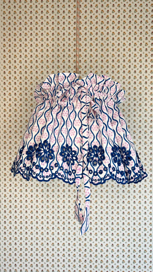 Medium Adjustable Broderie Trim Fabric Lampshade Cover - Indigo Wave & Pink Dot