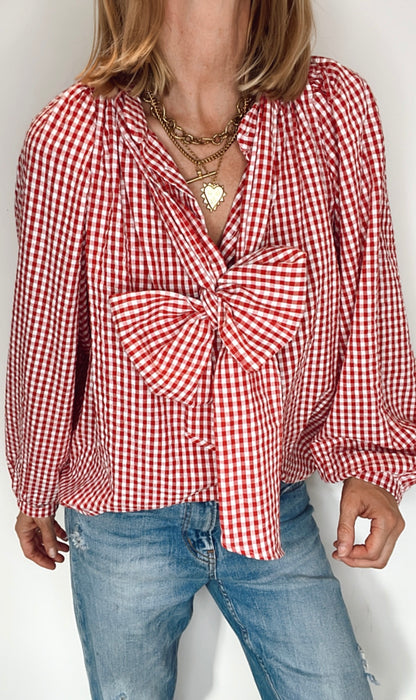 Cherry Gingham Tie Neck Cotton Shirt - Cherry Red & White