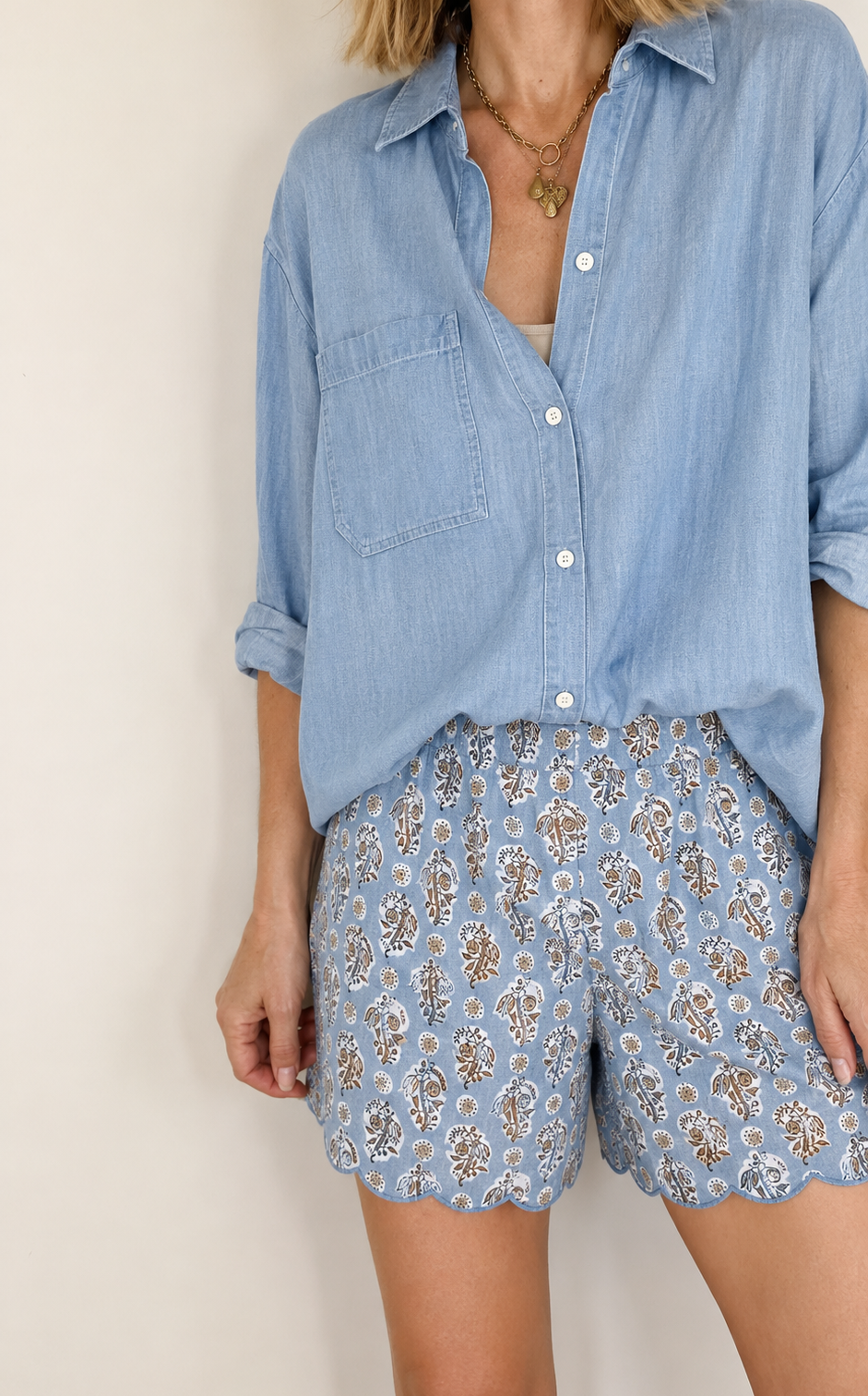 Reena Elasticated Waist Cotton Scallop Short - Denim Blue Print