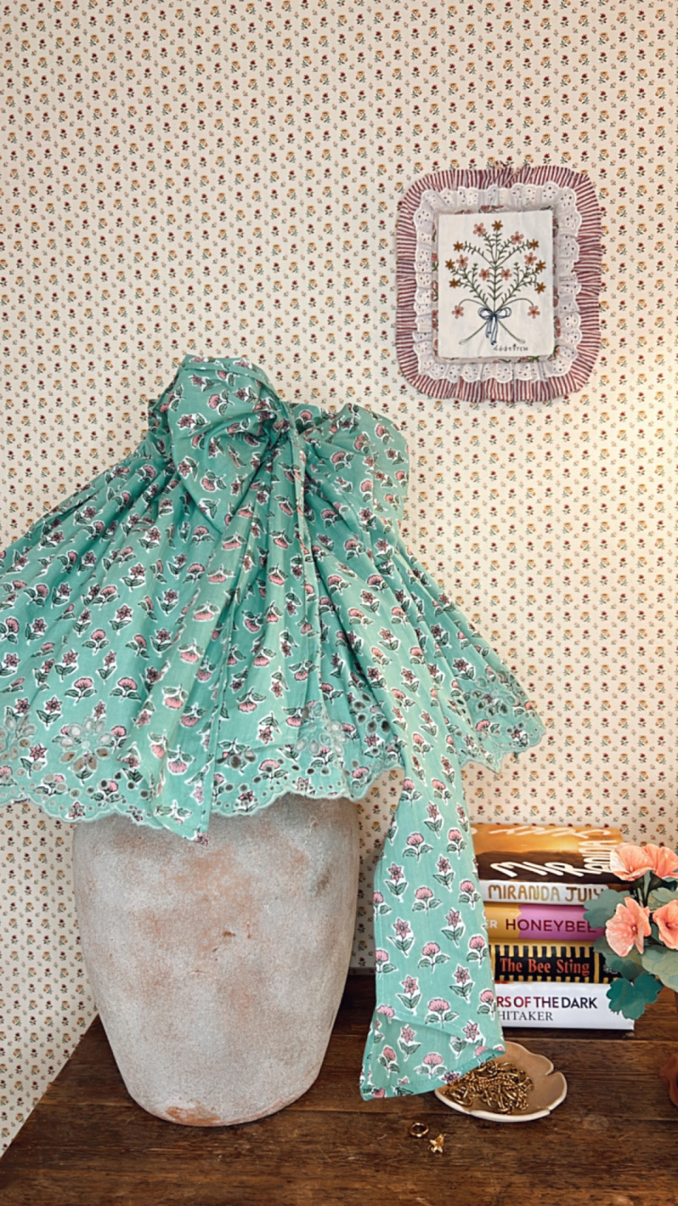 Jumbo Adjustable Broderie Trim Fabric Lampshade Cover - Jade Green & Pink Floral