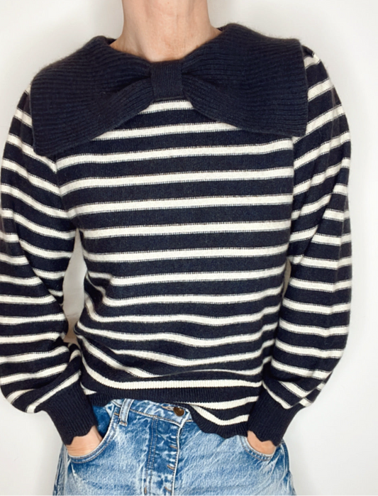 Bow Collar Stripe Jumper - Navy & Ecru