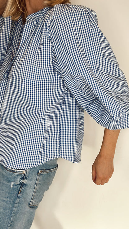 Peggy Gingham Tie Neck Cotton Shirt - Blue & White