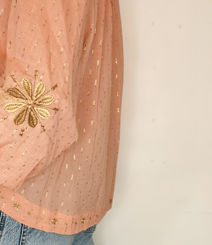 Calamine Half Placket Cotton & Metallic Spot Pop-Over Top - Plaster