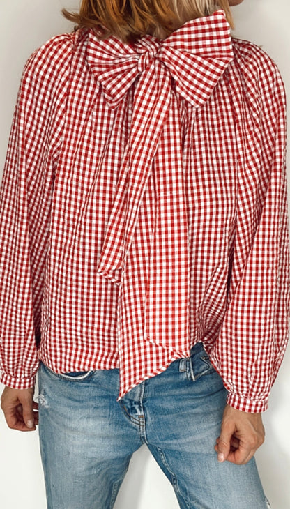 Cherry Gingham Tie Neck Cotton Shirt - Cherry Red & White